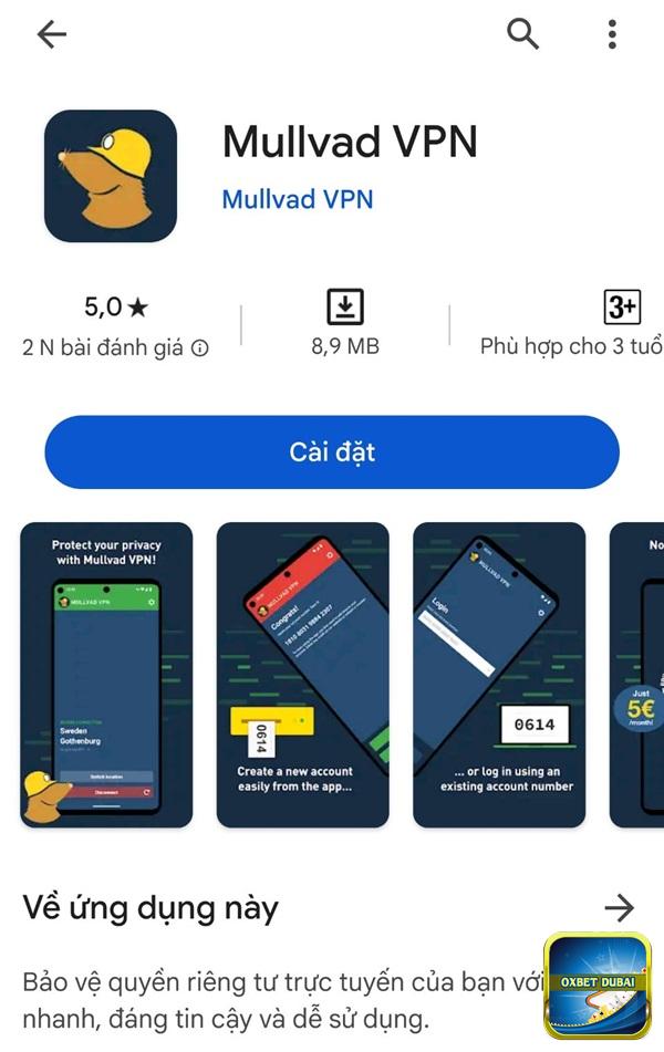 Chọn “Cài đặt” để thiết lập phần mềm Mullvad VPN lên thiết bị