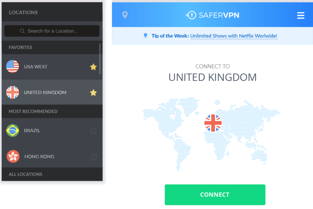 Chọn quốc gia và chọn Connect để thực hiện fake IP thành công bằng SaferVPN